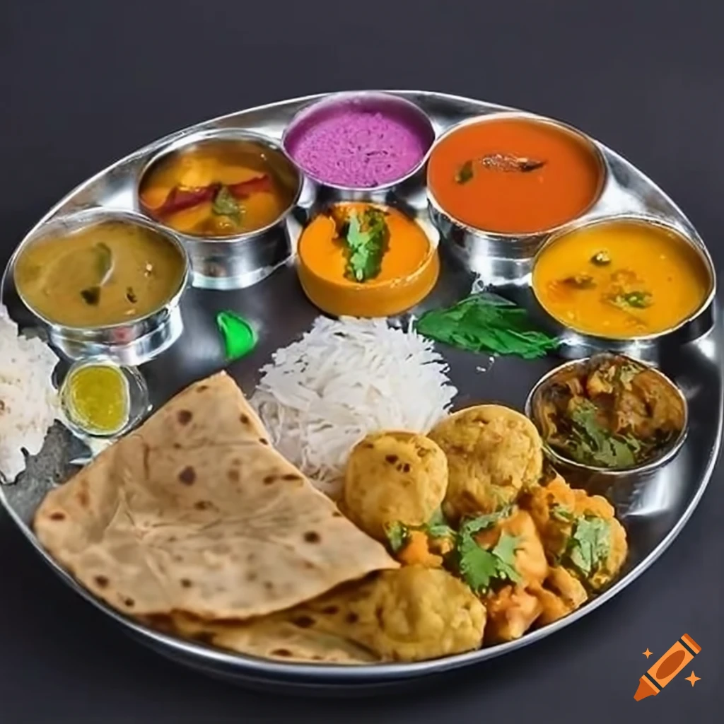 Vibrant Indian thali loaded with vegetarian delicacies and laddoos