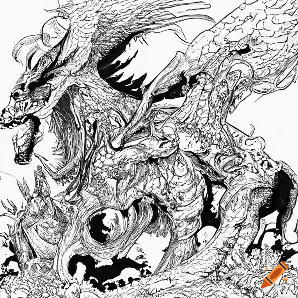 Kim Jung Gi's artwork of a three-headed mythical beast breathing fire