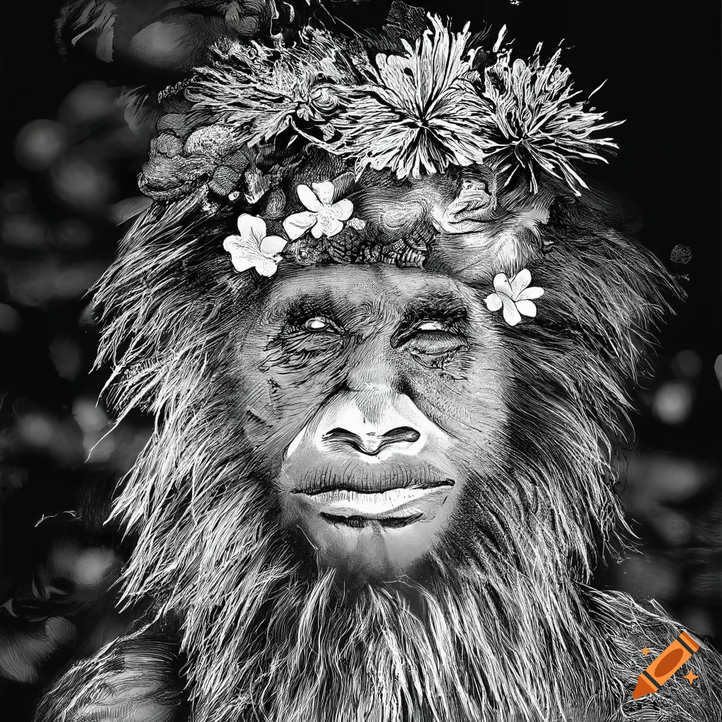 Smiling bigfoot wearing a flower crown in the forest, scratchboard illustration style