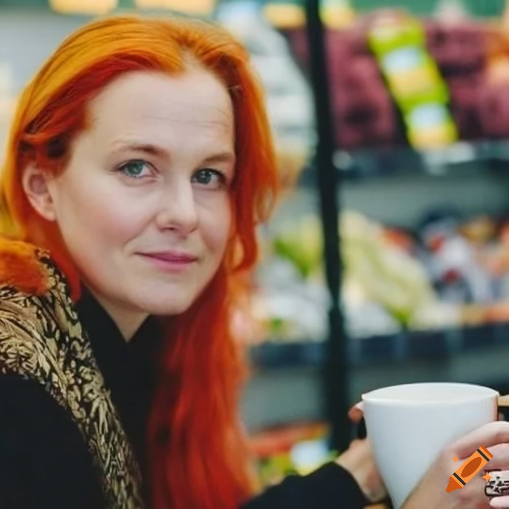 Dutch musician Anouk with red hair drinking coffee in a supermarket