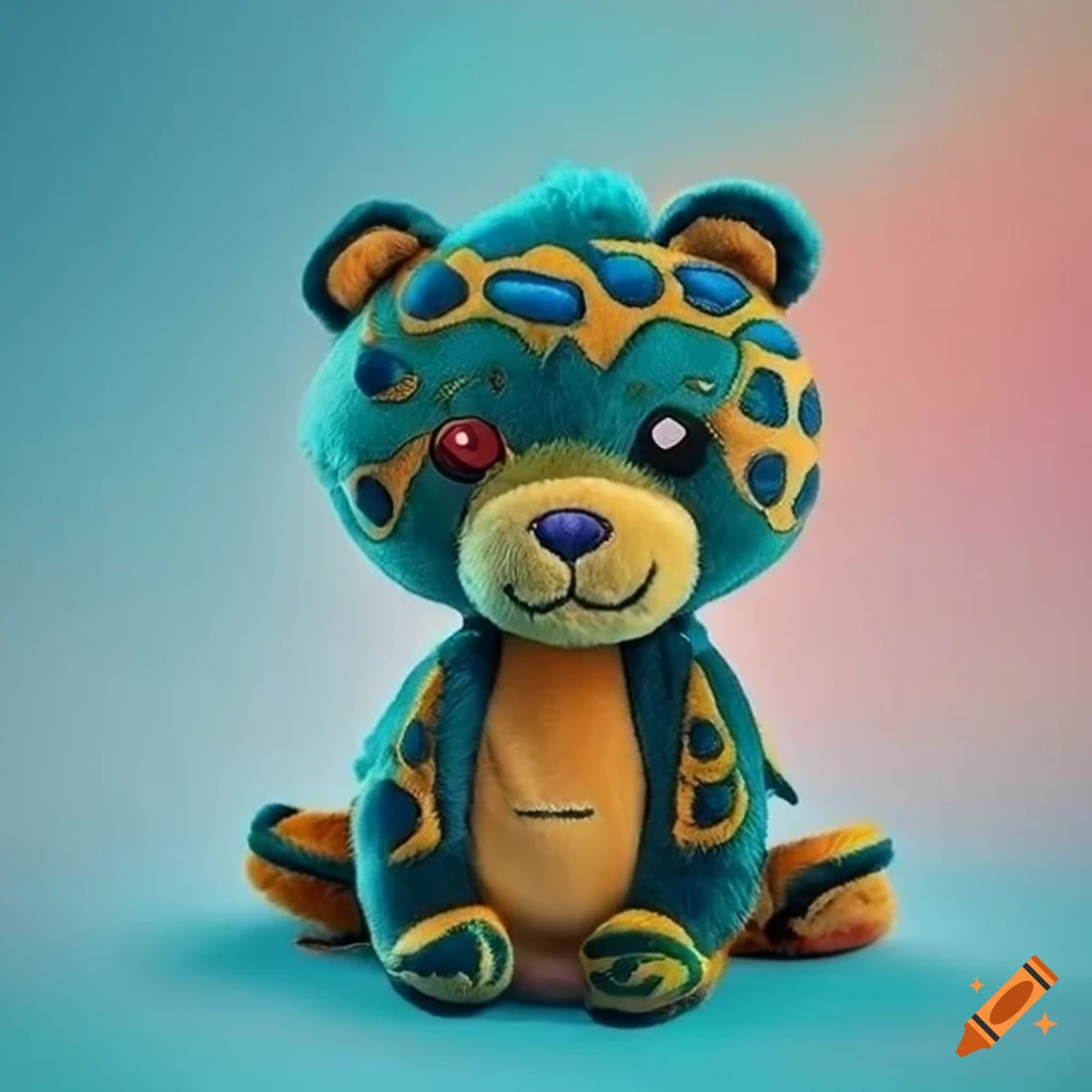 Design for astonishing plush inspired by various elements including a bear, jaguar, and sour candy