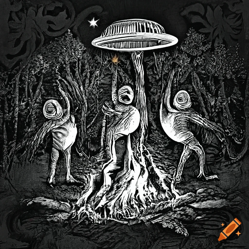 Sasquatch around a forest fire with ufo, ghosts, and witches in