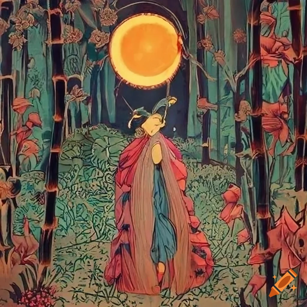 Russian storybook illustration of a Curandera in a Peacock Cloak in a twilight forest setting