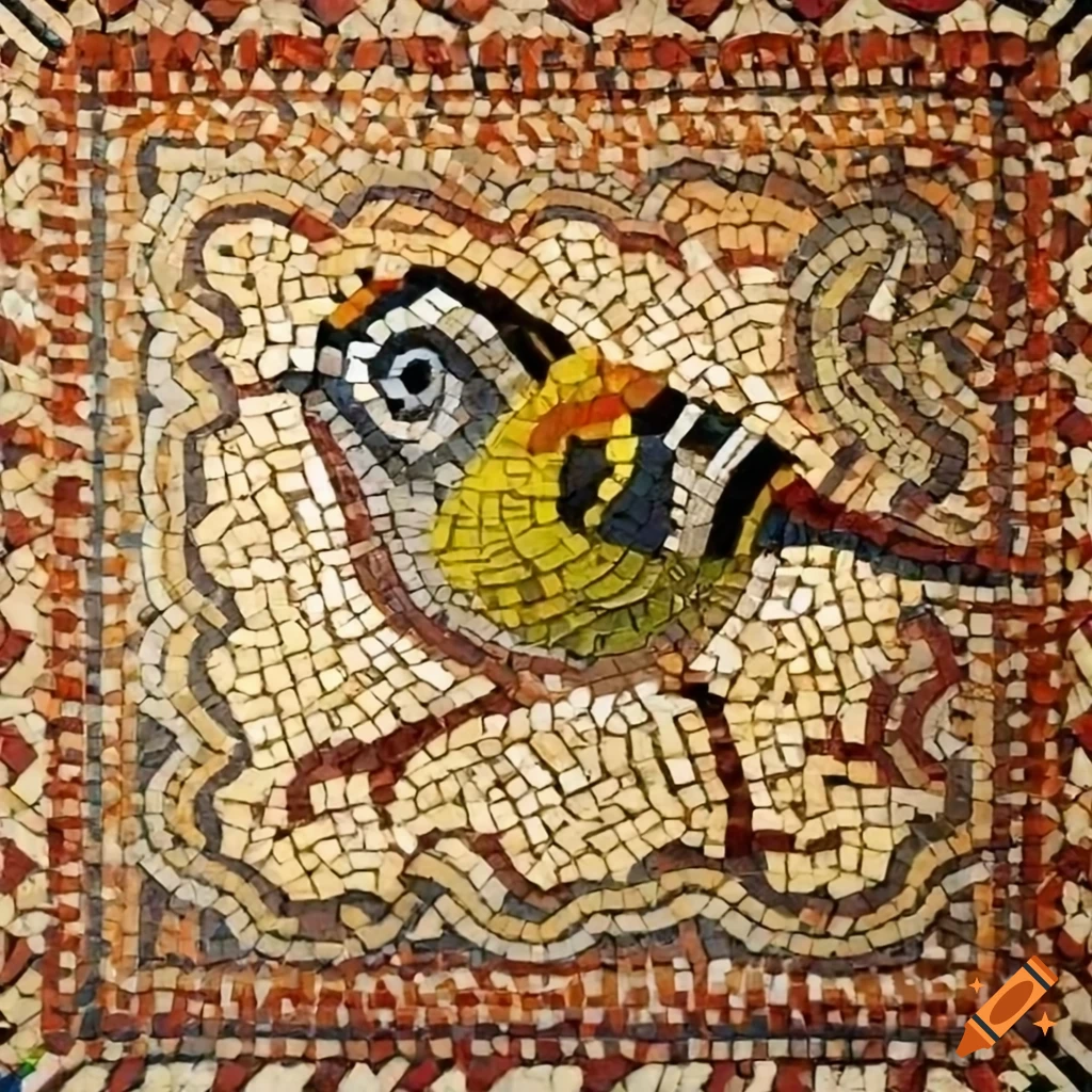 Ancient Roman-style mosaic of goldcrest with recycled electronic components
