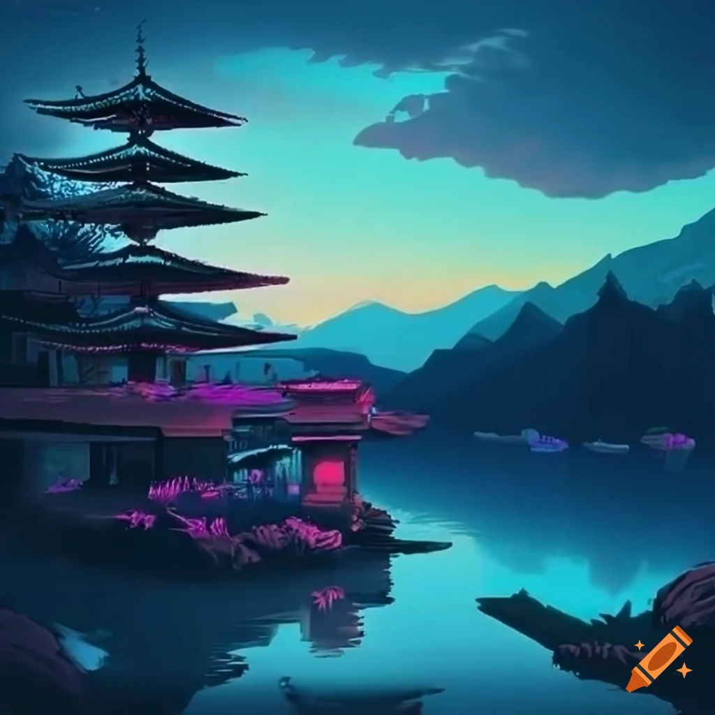 Retrowave Japanese landscape