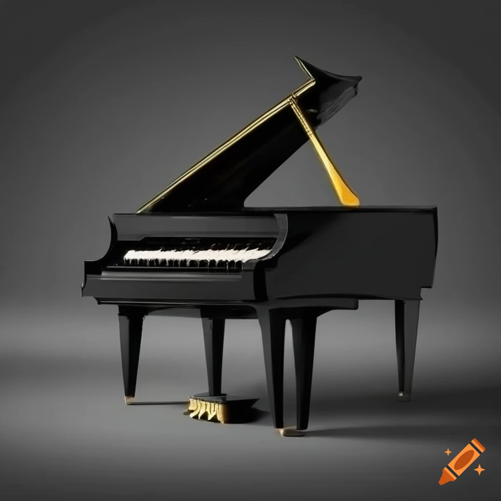 Opened black grand piano with note sheets on the floor