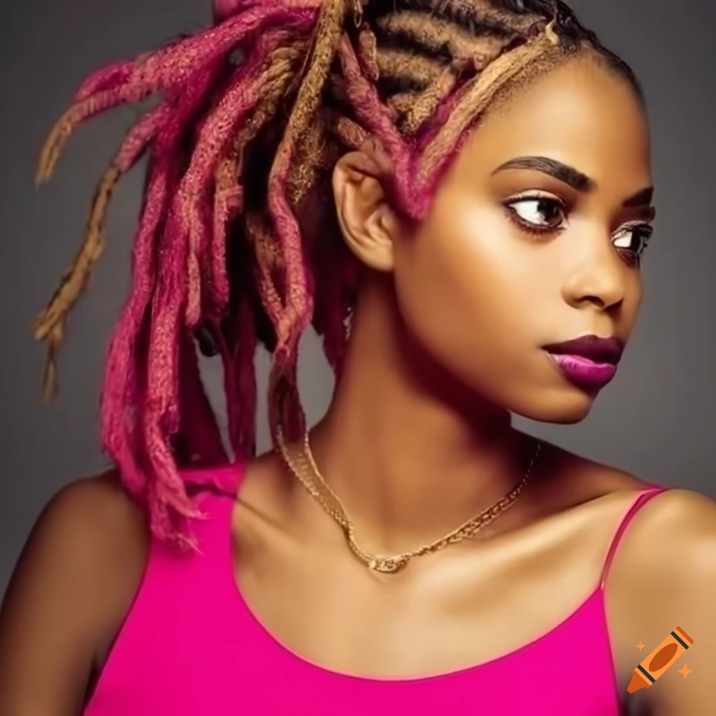 Portrait of a black woman with blonde dreadlocks and stylish pink ...