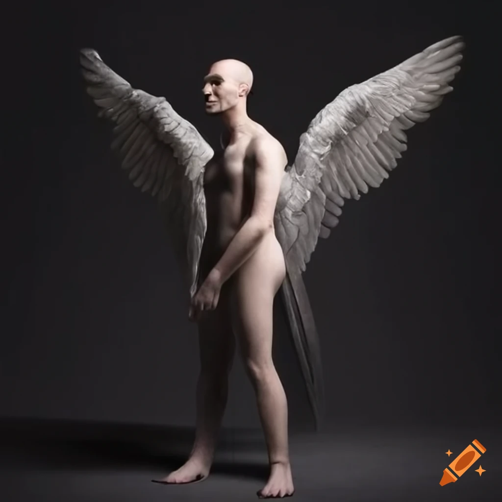 Rugged man with a shaved head sporting angel wings in a full body shot