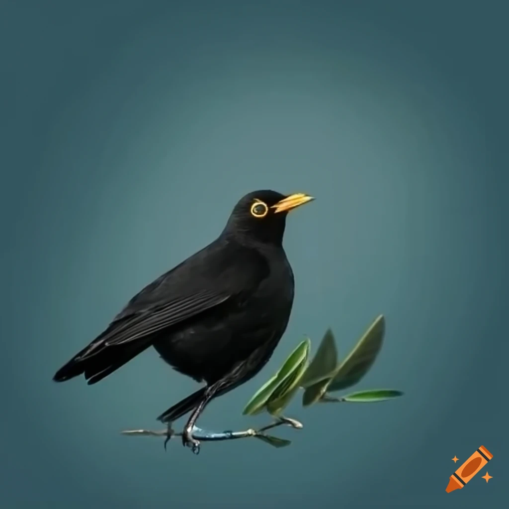 Elegant blackbird flying with an olive branch symbolizing peace