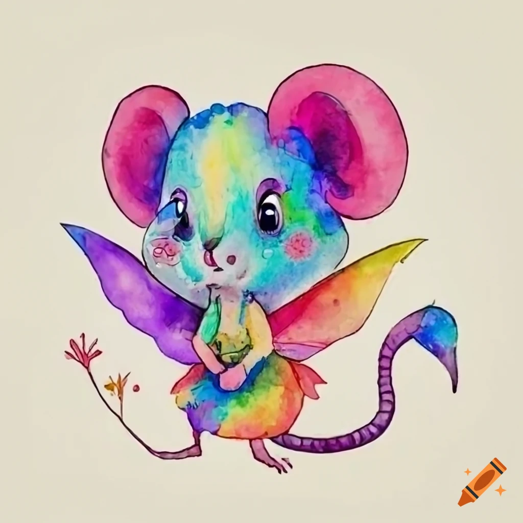 Chibi fairy mouse in rainbow colors in a watercolor style