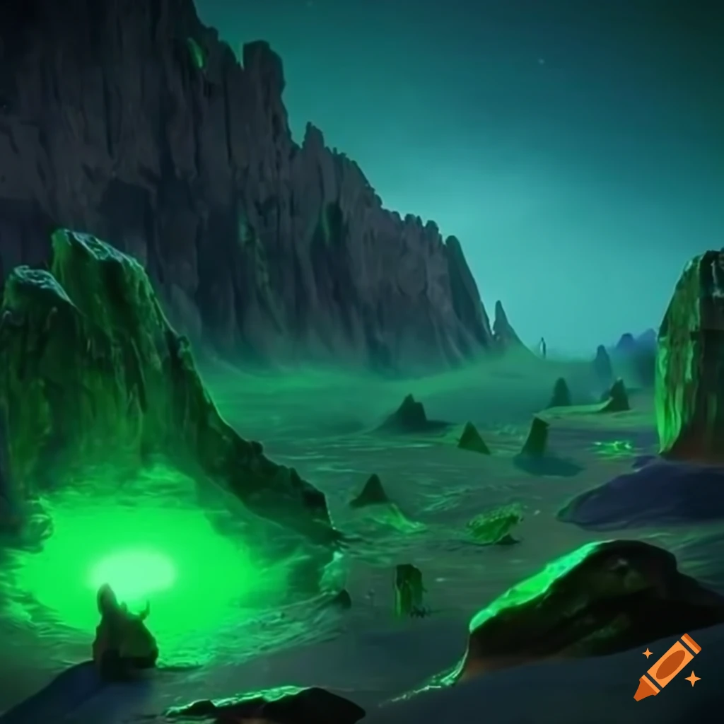Evil kingdom on a distant planet with neon green crystals under an eerie glow