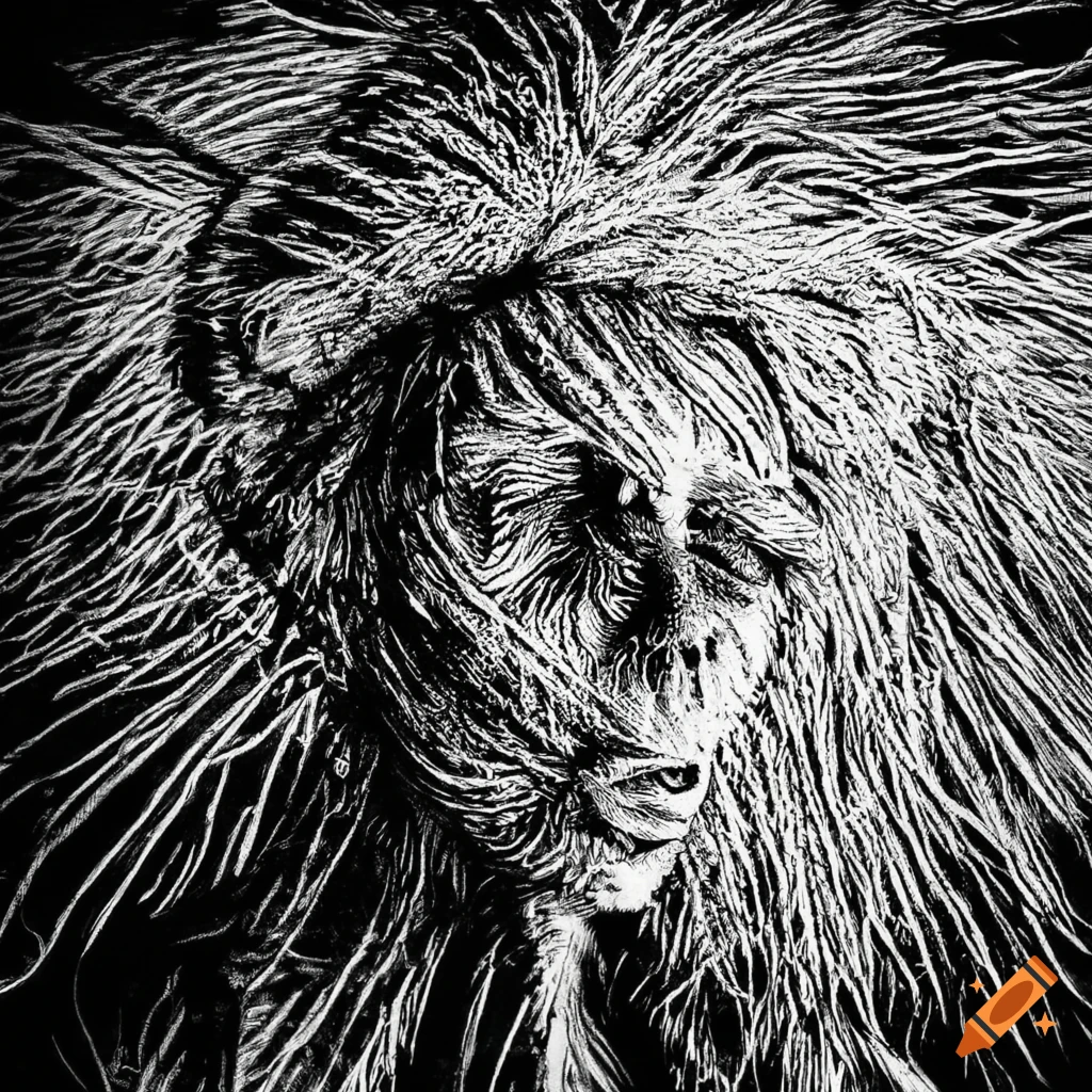 Sasquatch around a forest fire with ufo, ghosts, and witches in