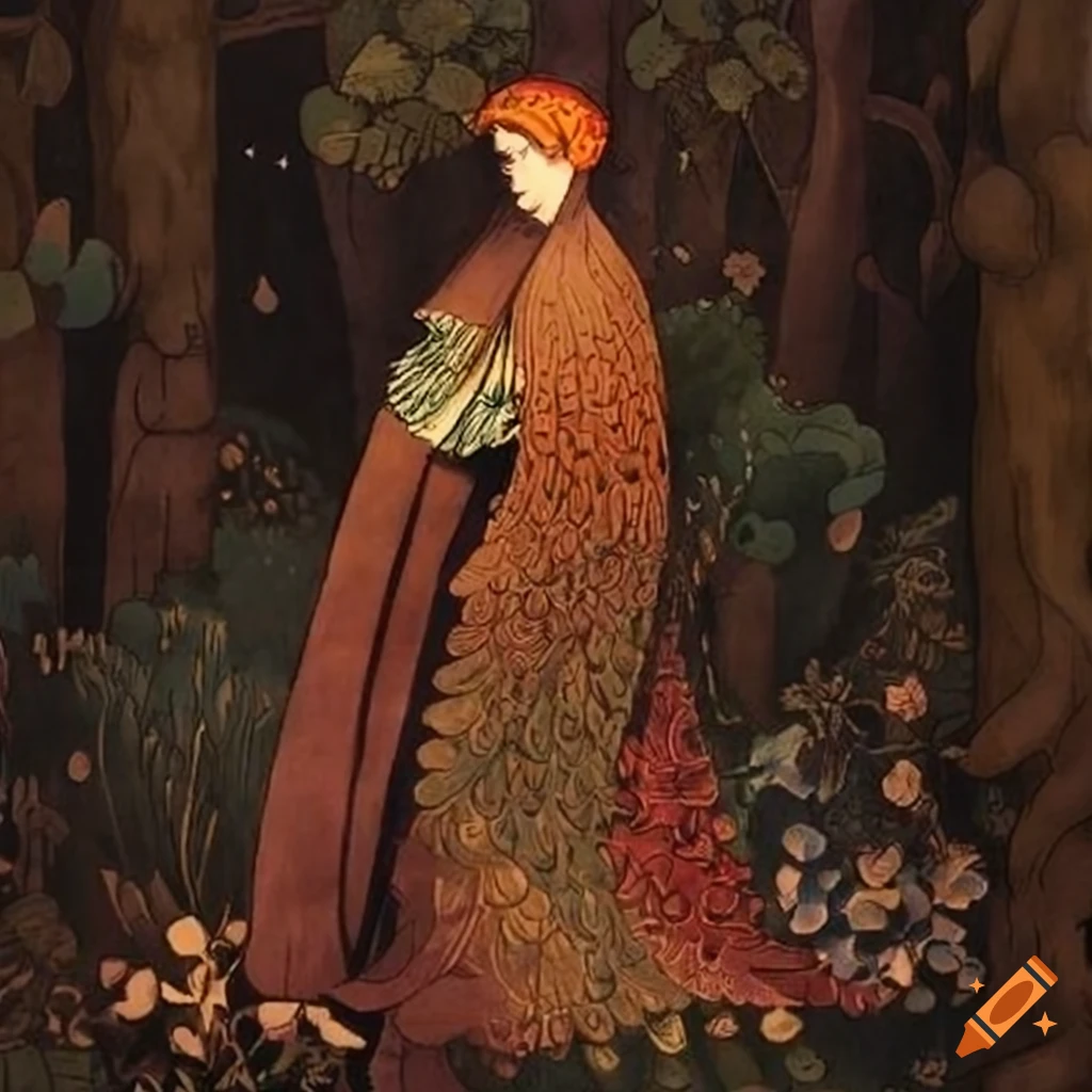 Russian storybook illustration of a Curandera in a Peacock Cloak in a twilight forest setting