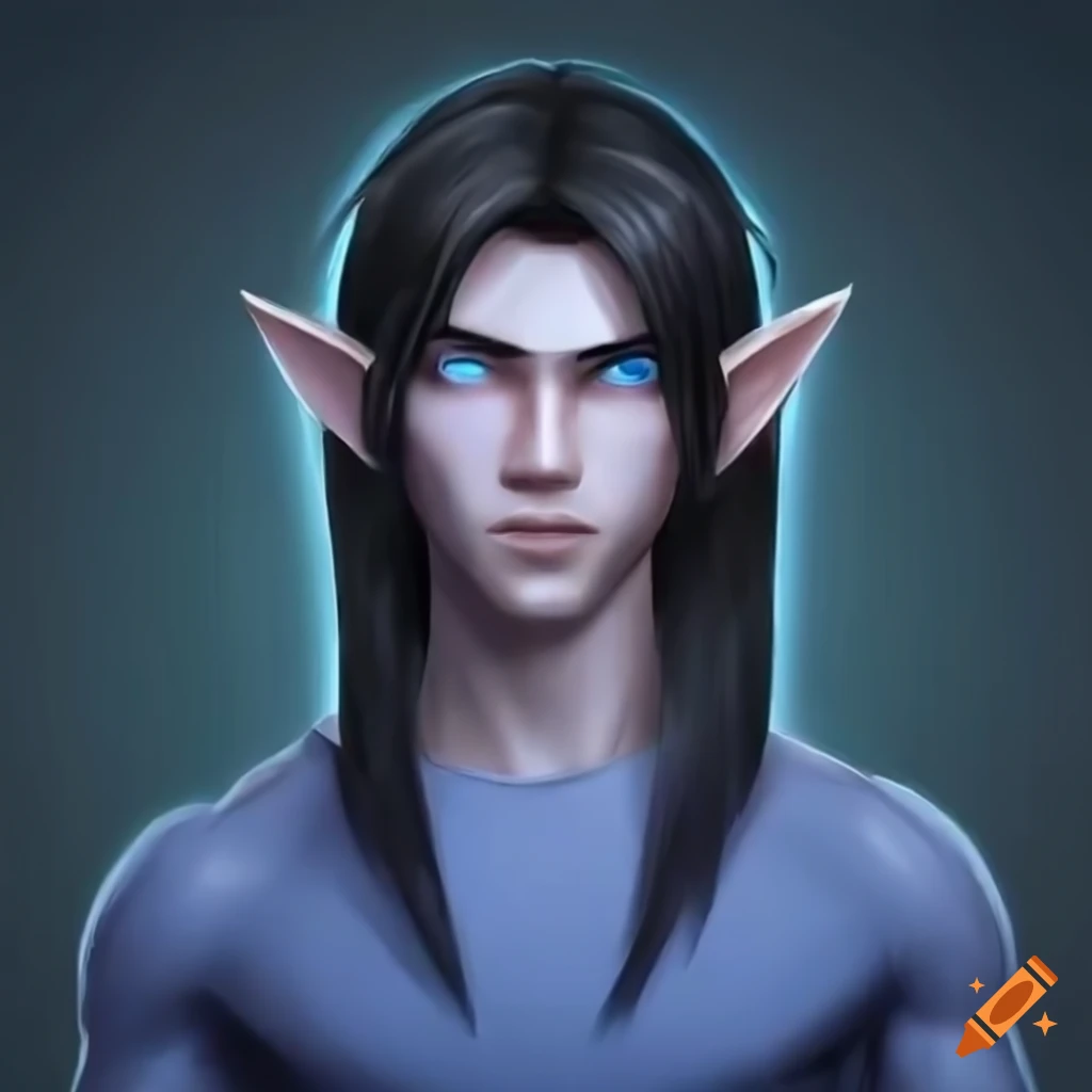 Attractive male elf with light purple-grey skin, sapphire blue eyes, and black hair