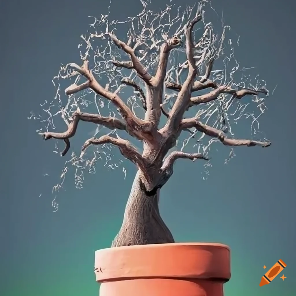 Photorealistic small tree in an orange terracotta pot resembling a mangled human arm