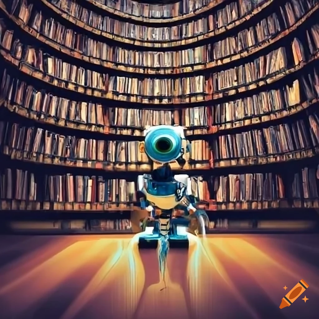 Robot exploring a large library of books