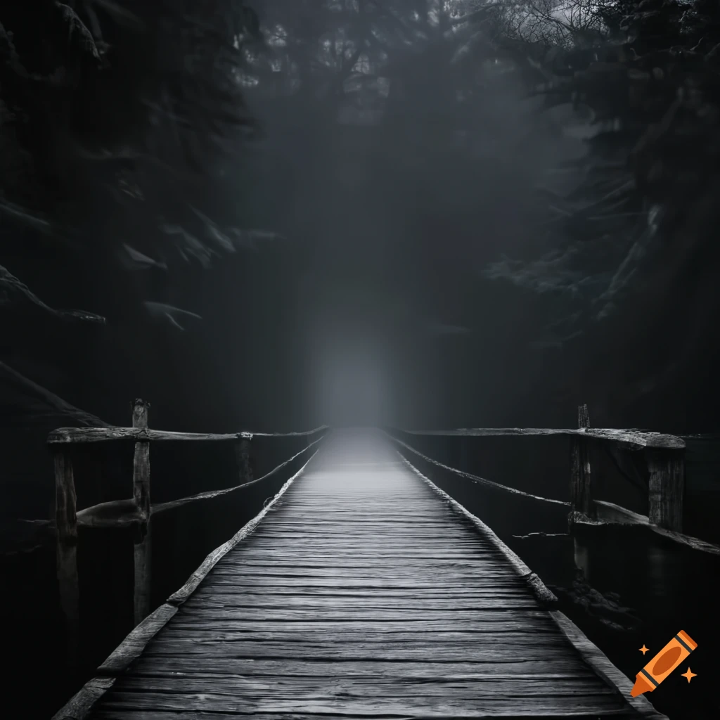 Mysterious wooden bridge disappearing into thick fog
