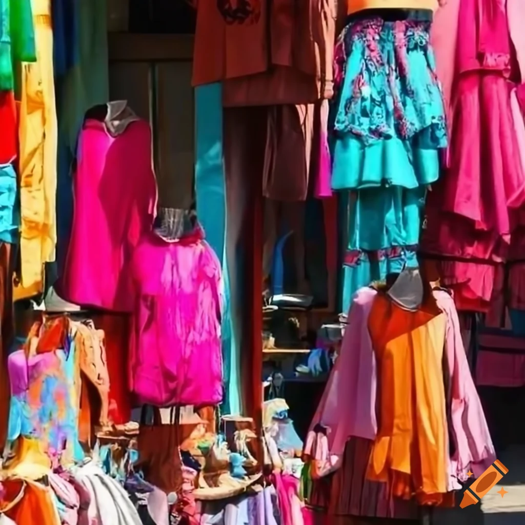 Colorful clothes display at an outdoor market
