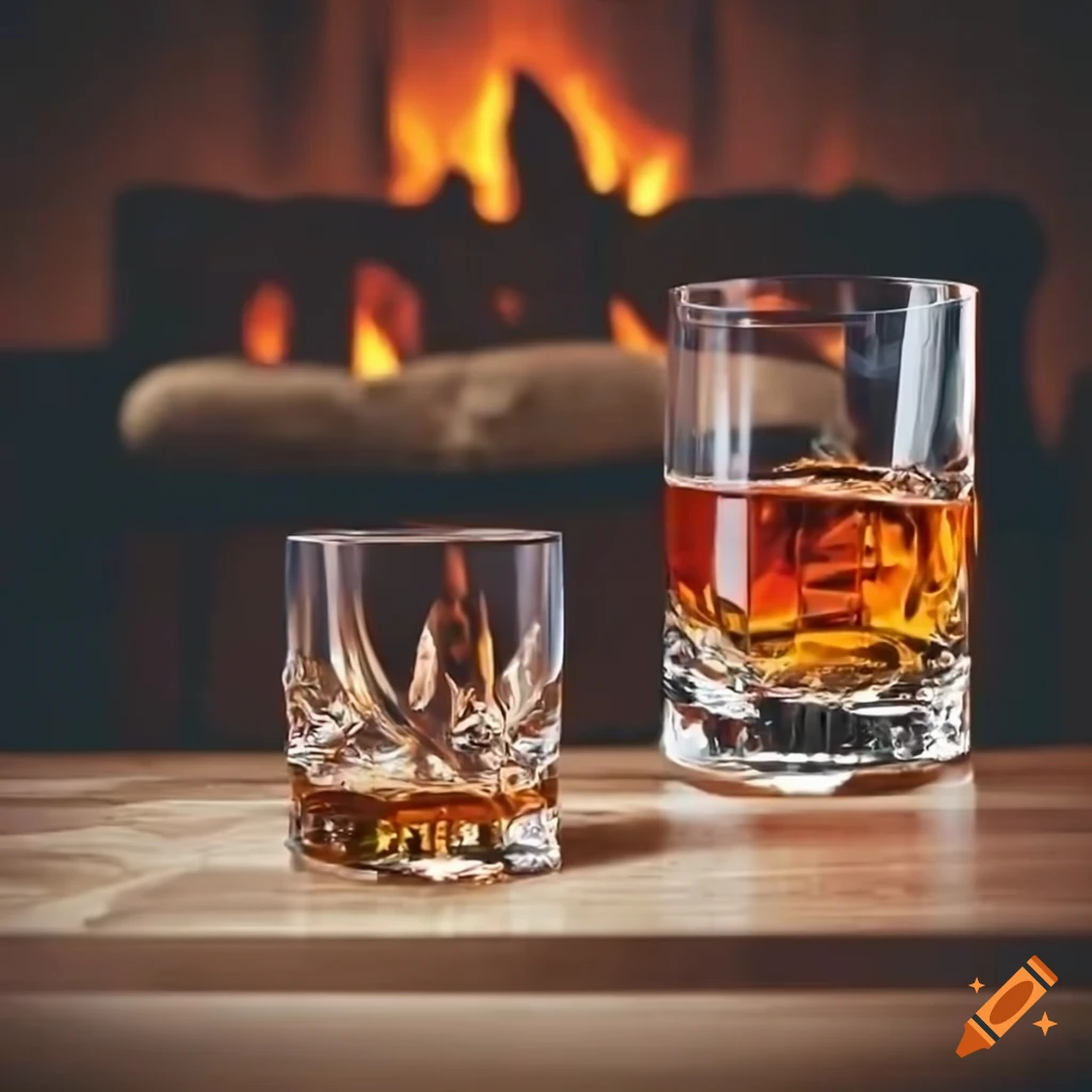 Luxurious naturally aged whiskey in a crystal glass by a wooden table