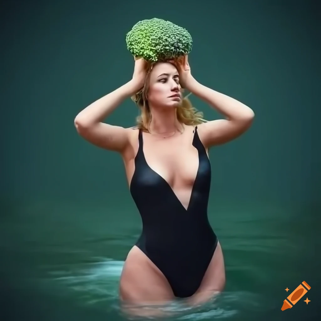 Woman in black swimsuit with a crown holding a beer in a river with floating broccoli