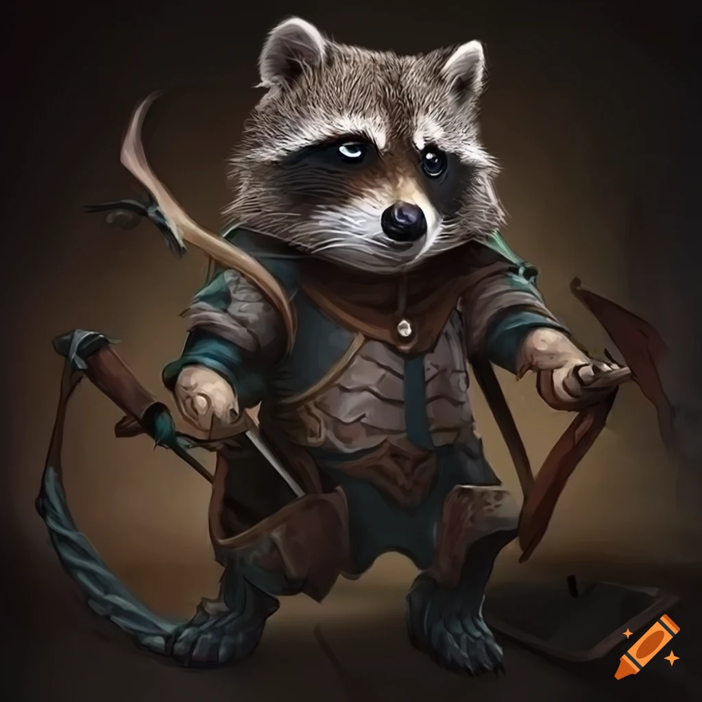 Fantasy raccoon in patchwork leather armor with crossbow and talisman
