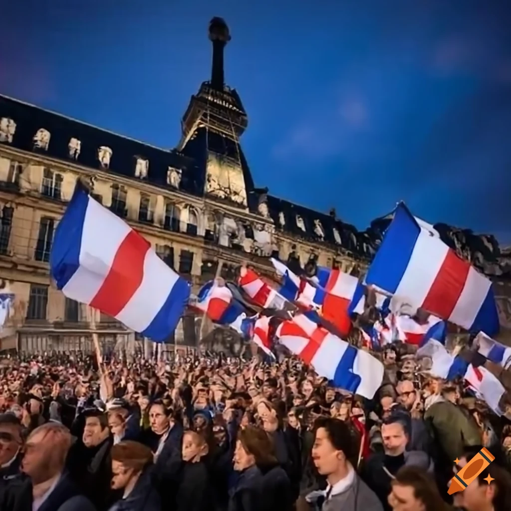 Large crowd in Paris holding France flags after an election victory