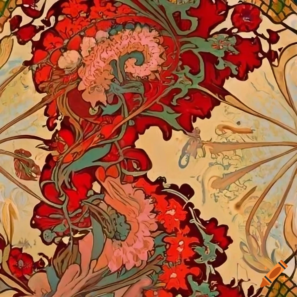 Flowers in the style of Eyvind Earle, Alphonse Mucha, and William Morris with cloisonne elements