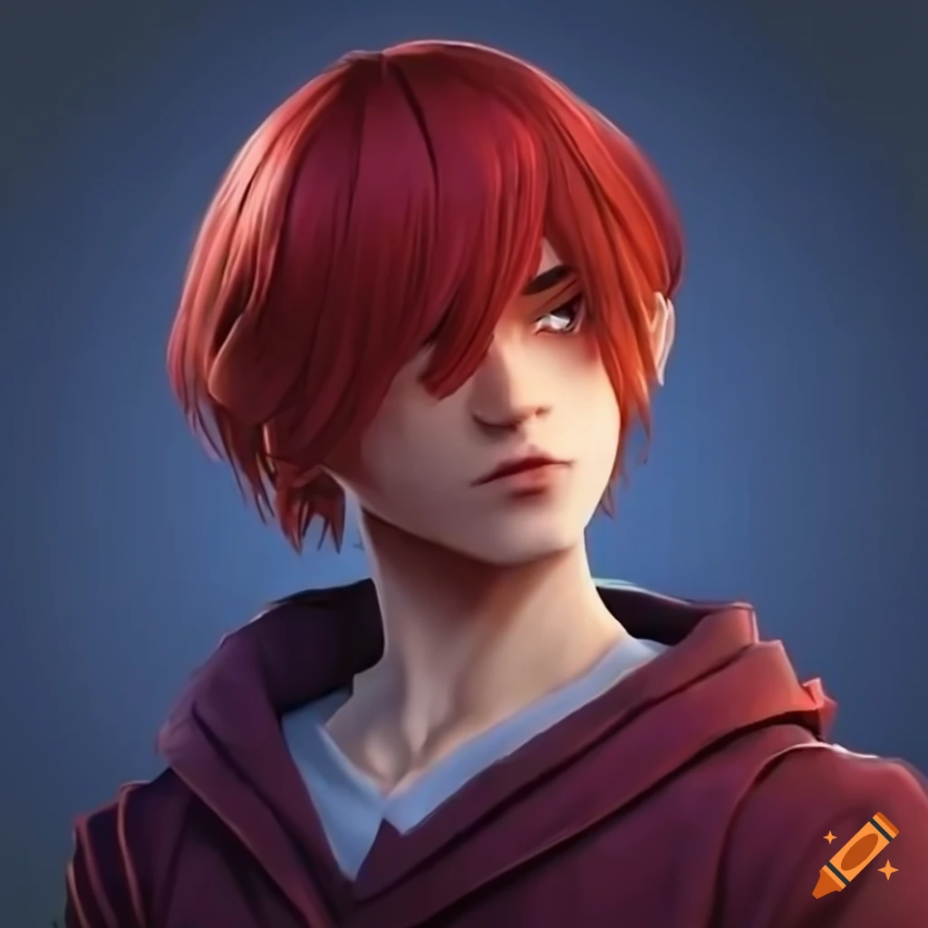 Spunky cool male college student with floppy red hair, main antagonist in fighting game