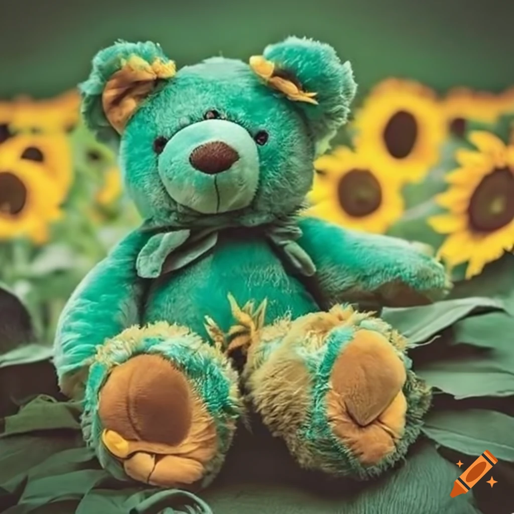 Green teddy bear surrounded by sunflowers
