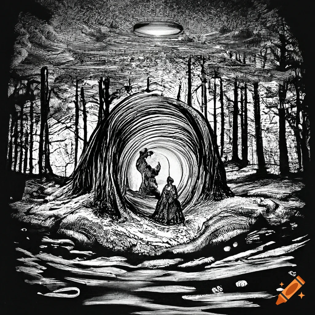 Scratchboard illustration of sasquatch around a forest fire with ufo