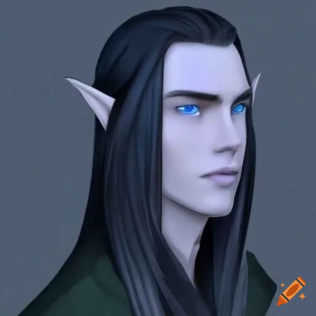 Attractive young male elf with purple-grey skin and sapphire blue eyes ...