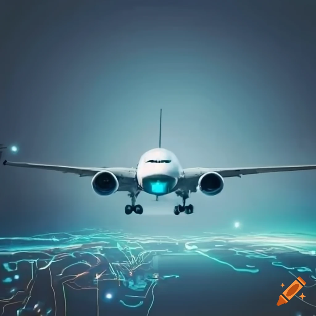 Airplane flying over electronic components and ai ground on Craiyon