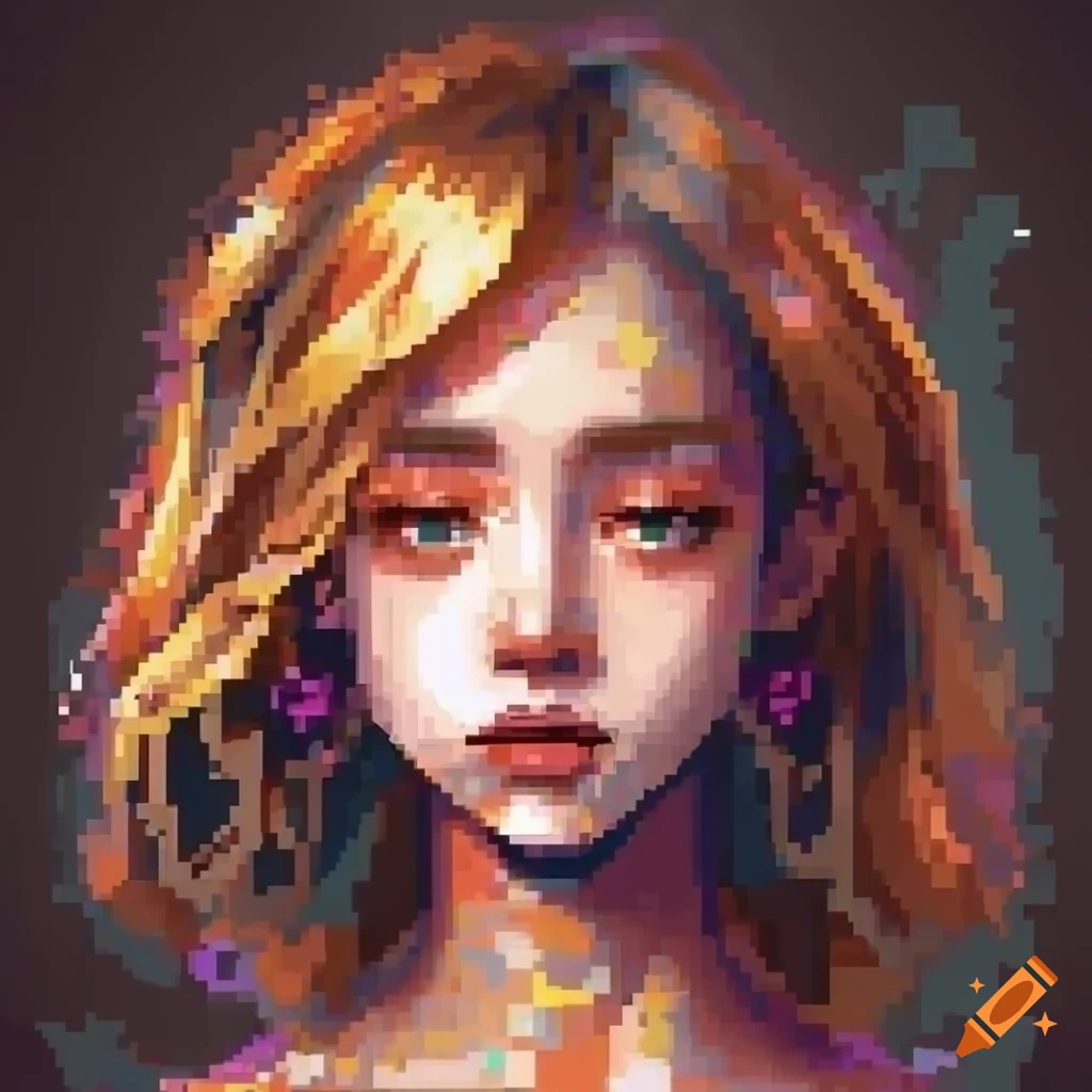 Pixel art of an attractive anime girl with detailed face