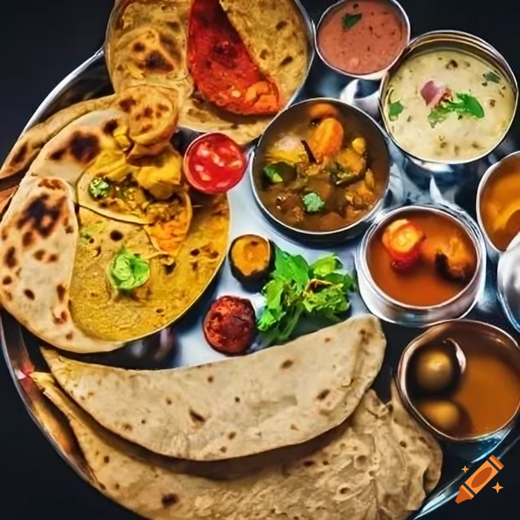 Vibrant Indian thali loaded with vegetarian delicacies and laddoos