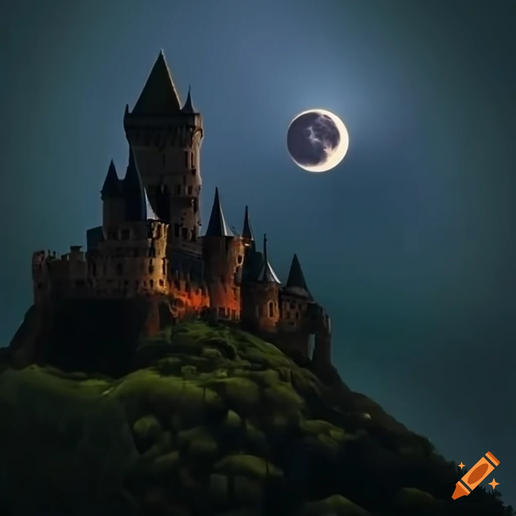 Majestic castle on a hill at night on Craiyon