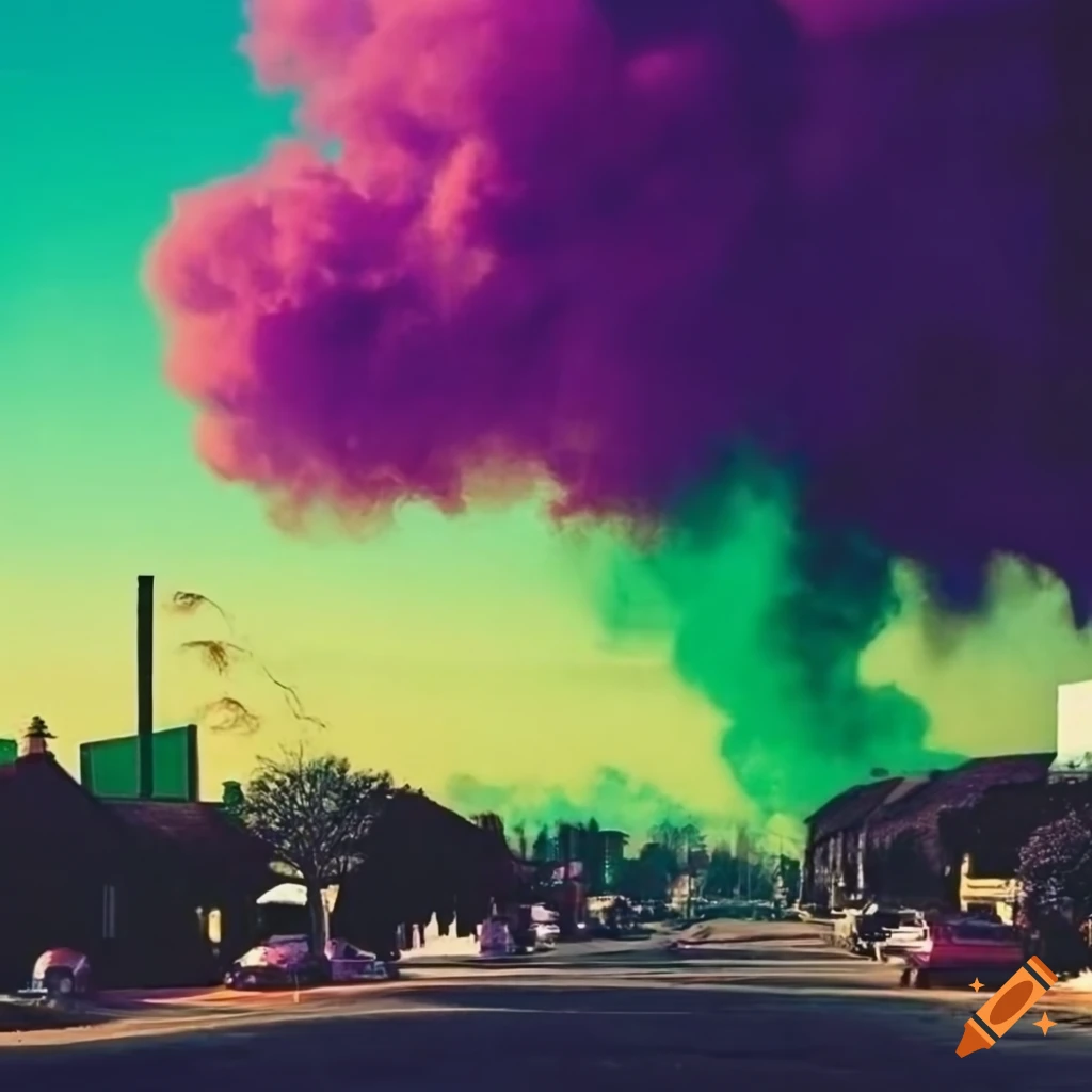 Street enveloped in vibrant green and purple smoke with an otherworldly ambiance