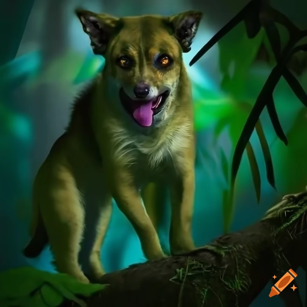 Canine creature with scaled body in a rainforest setting