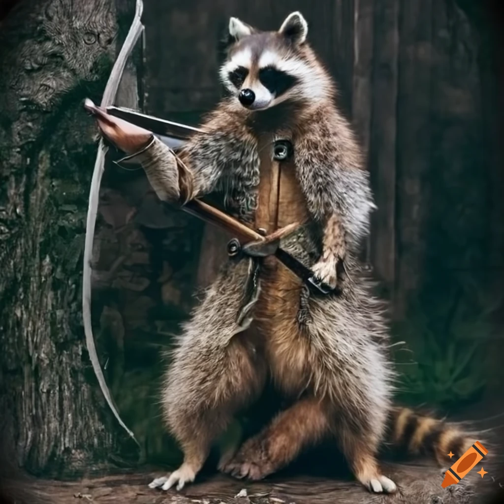 Fantasy raccoon in patchwork leather armor with crossbow and mystical