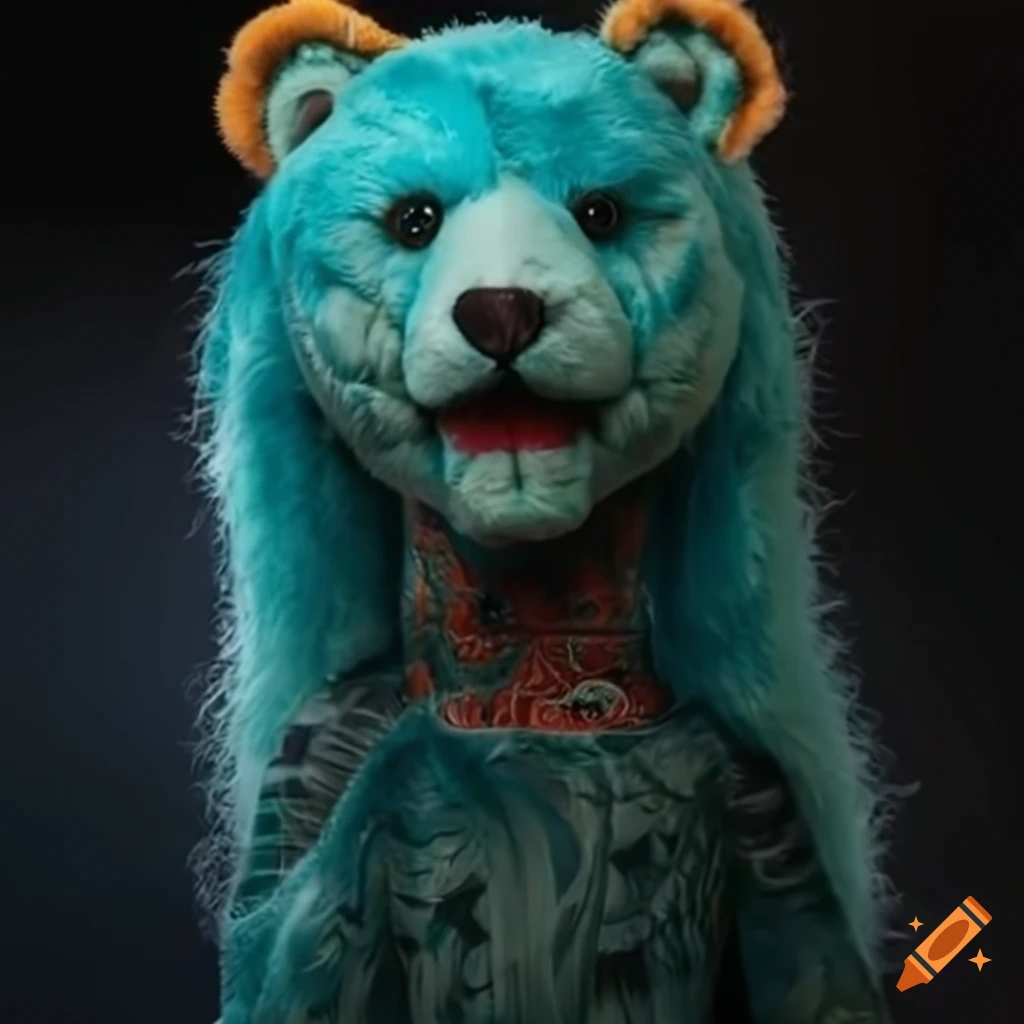 Intricate plush design featuring a blend of elements like bears, jaguars, carrots, sour candy, and mermaids