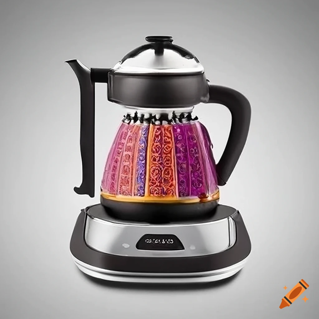 Electric tea infuser kettle with indian art and smart features on Craiyon