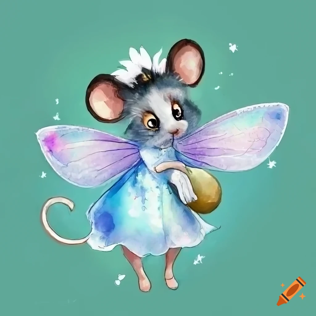 Elegant mouse fairy with white hair and gown, iridescent wings