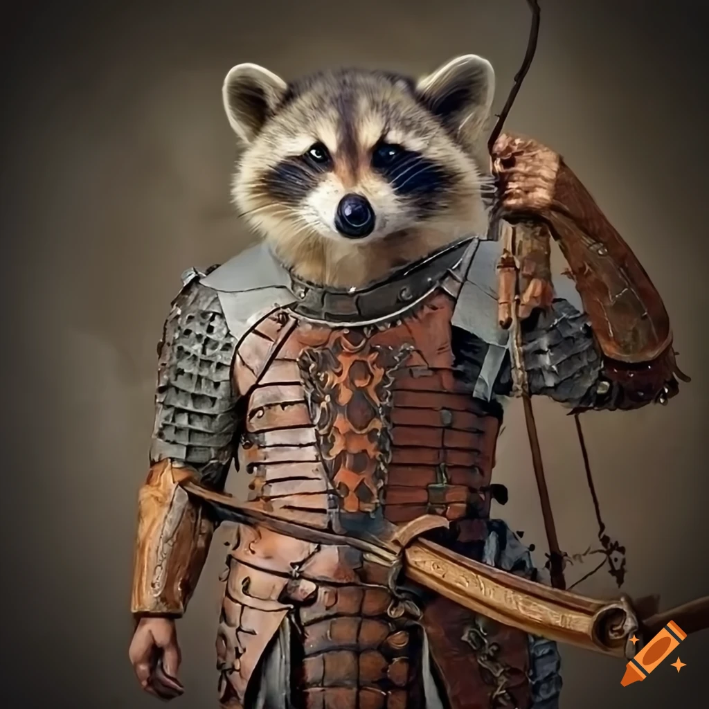 Raccoon in leather armor with crossbow and mystical talisman on Craiyon