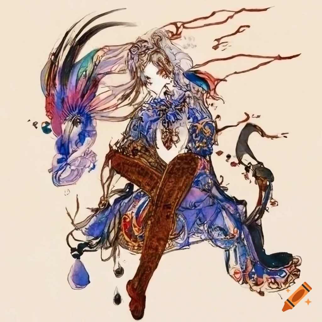 Final Fantasy concept art by Yoshitaka Amano featuring a cute femboy with intricate design