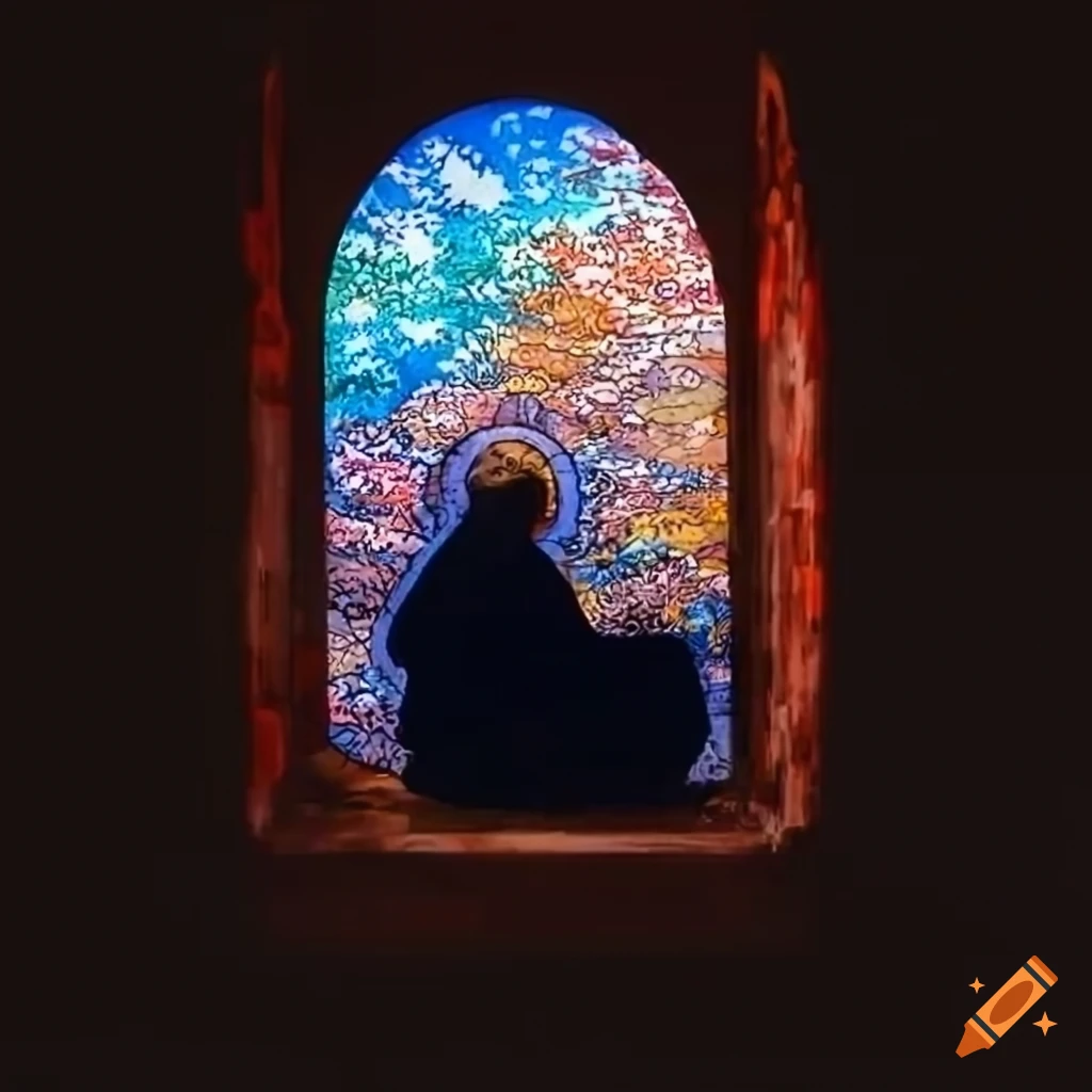 Cistercian monk praying in an abbey with colorful stained glass windows in the style of Hokusai