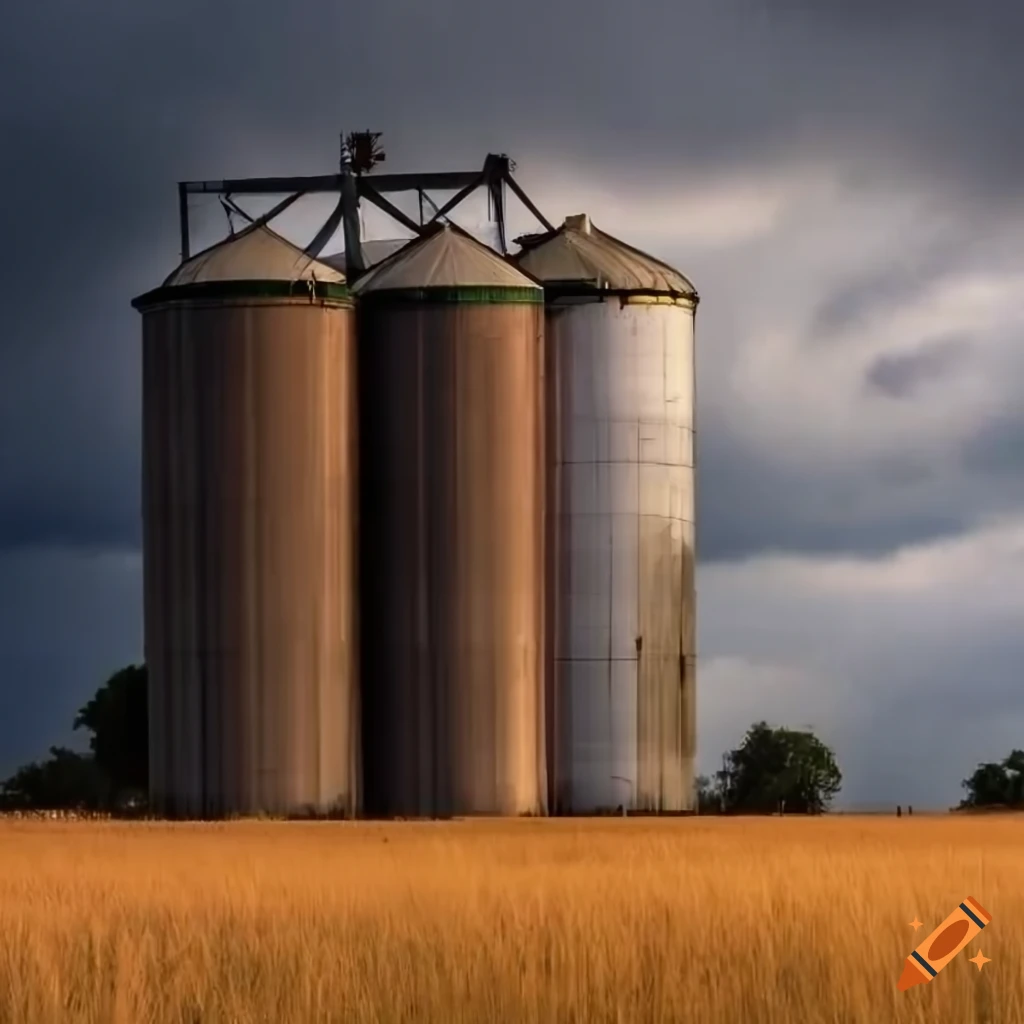 Farm silos in a field under a stormy sky