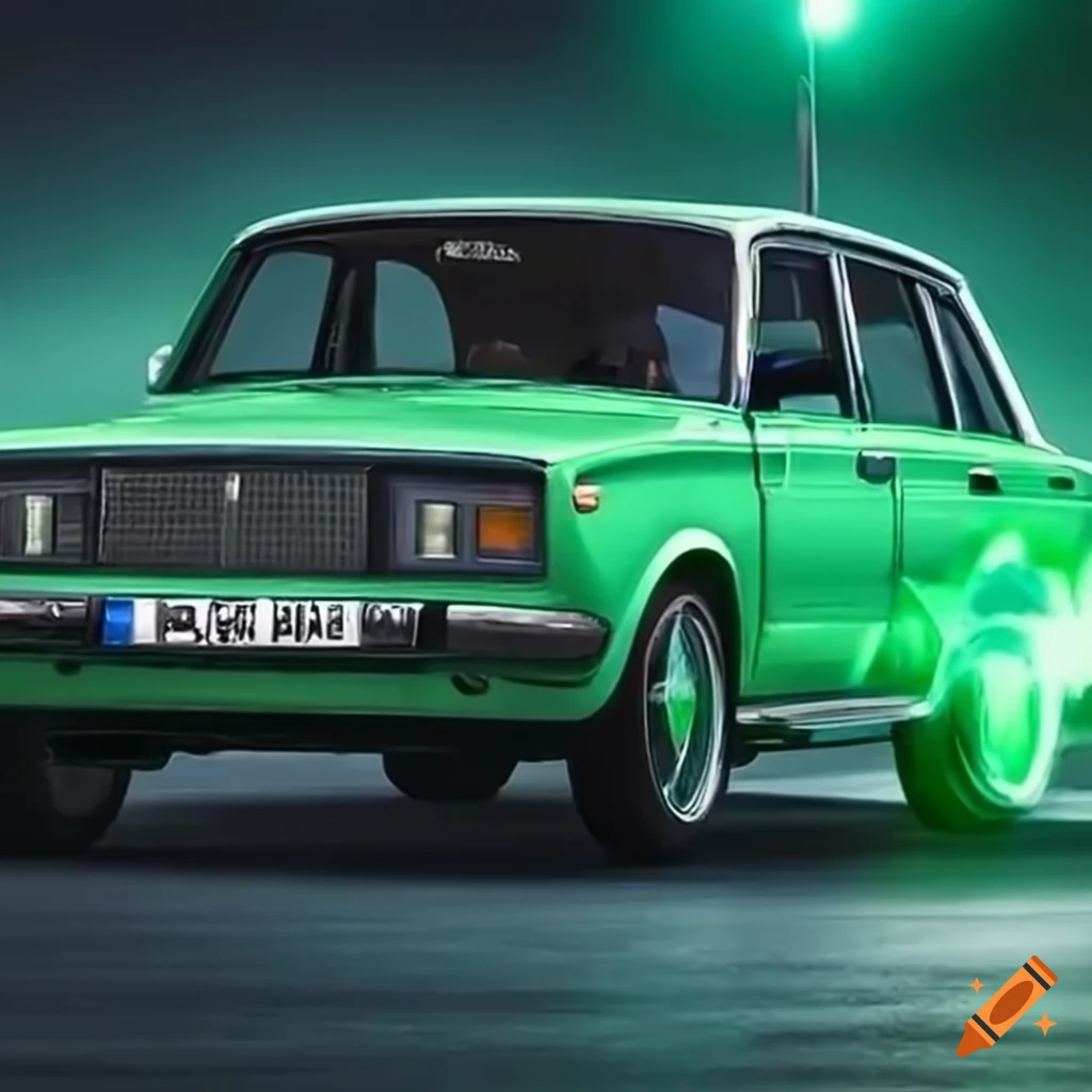 Ghost car with green glowing headlights and flames under the wheels
