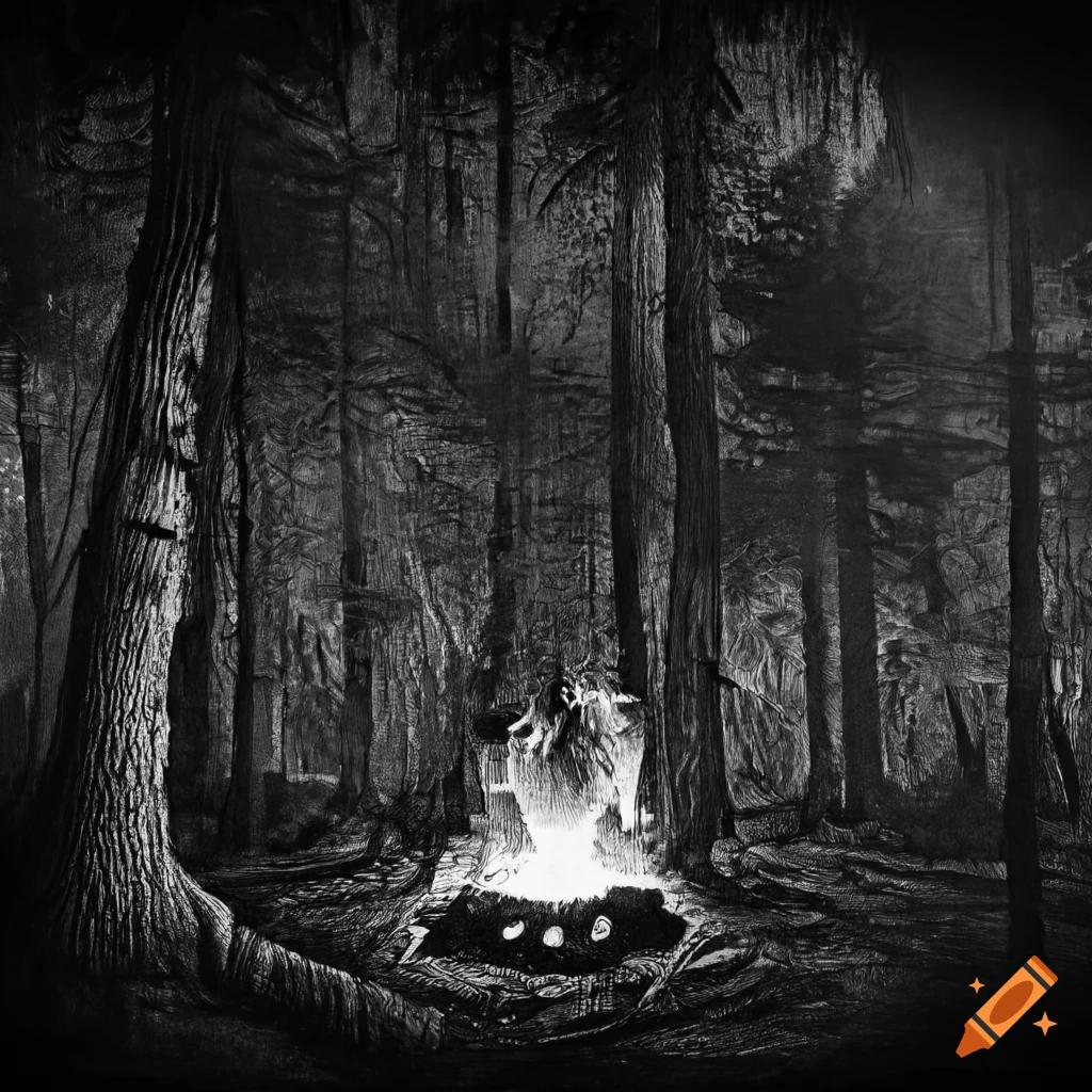 Scratchboard illustration of sasquatch around a forest fire with ufo