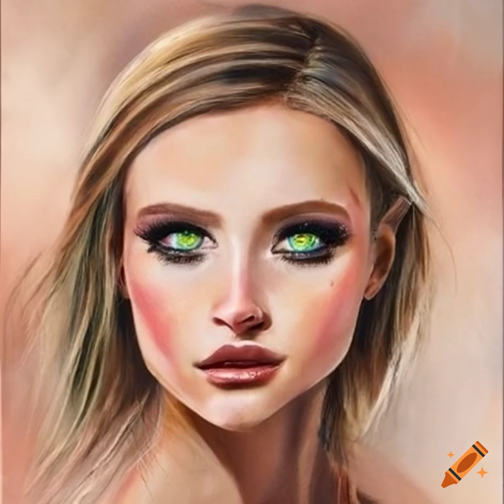 Model Krissa Fowles with green eyes in chalk art style and retro vibe