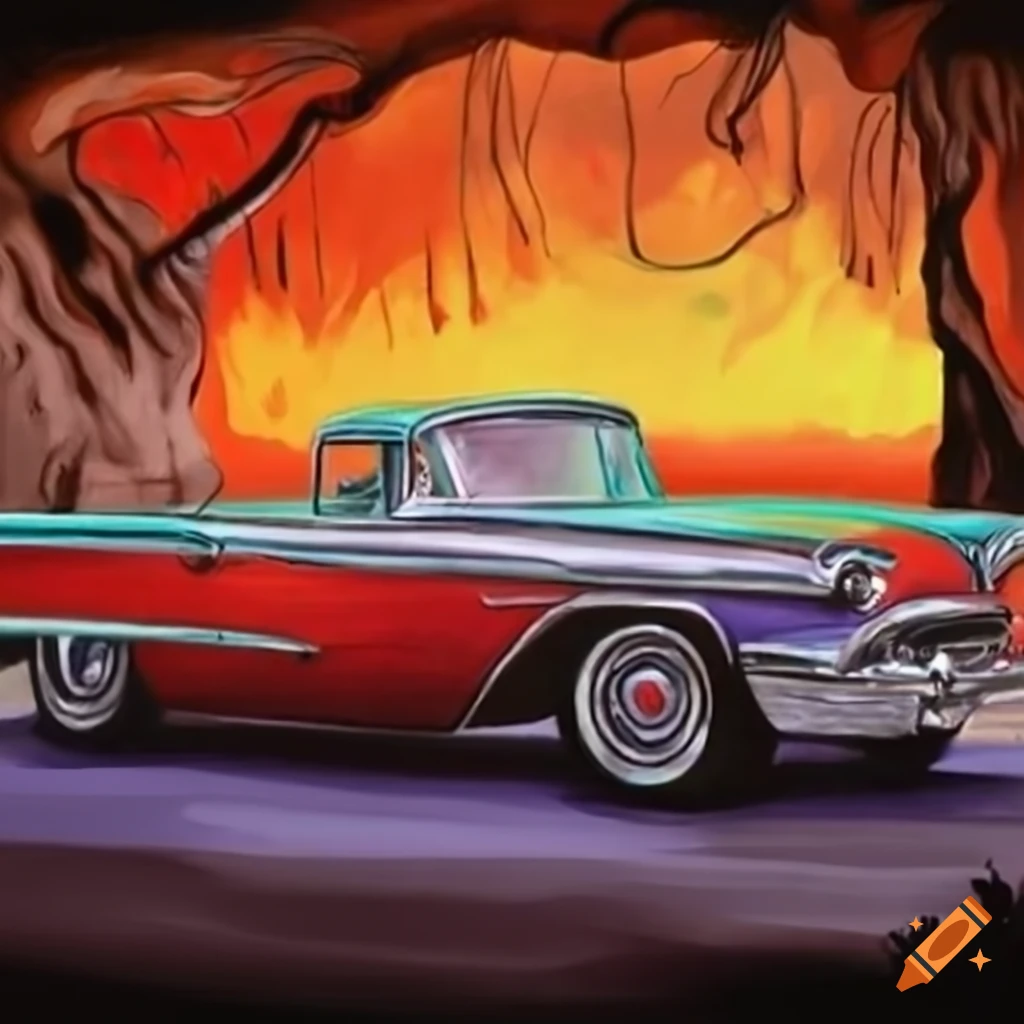 Drawing of 1957 automobiles in Altamira cave art style