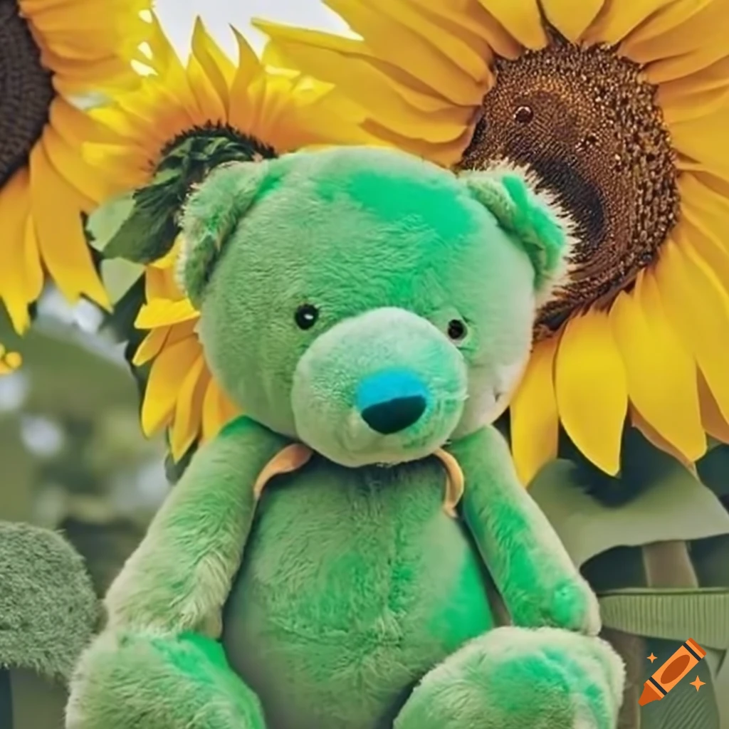 Green teddy bear amidst sunflowers